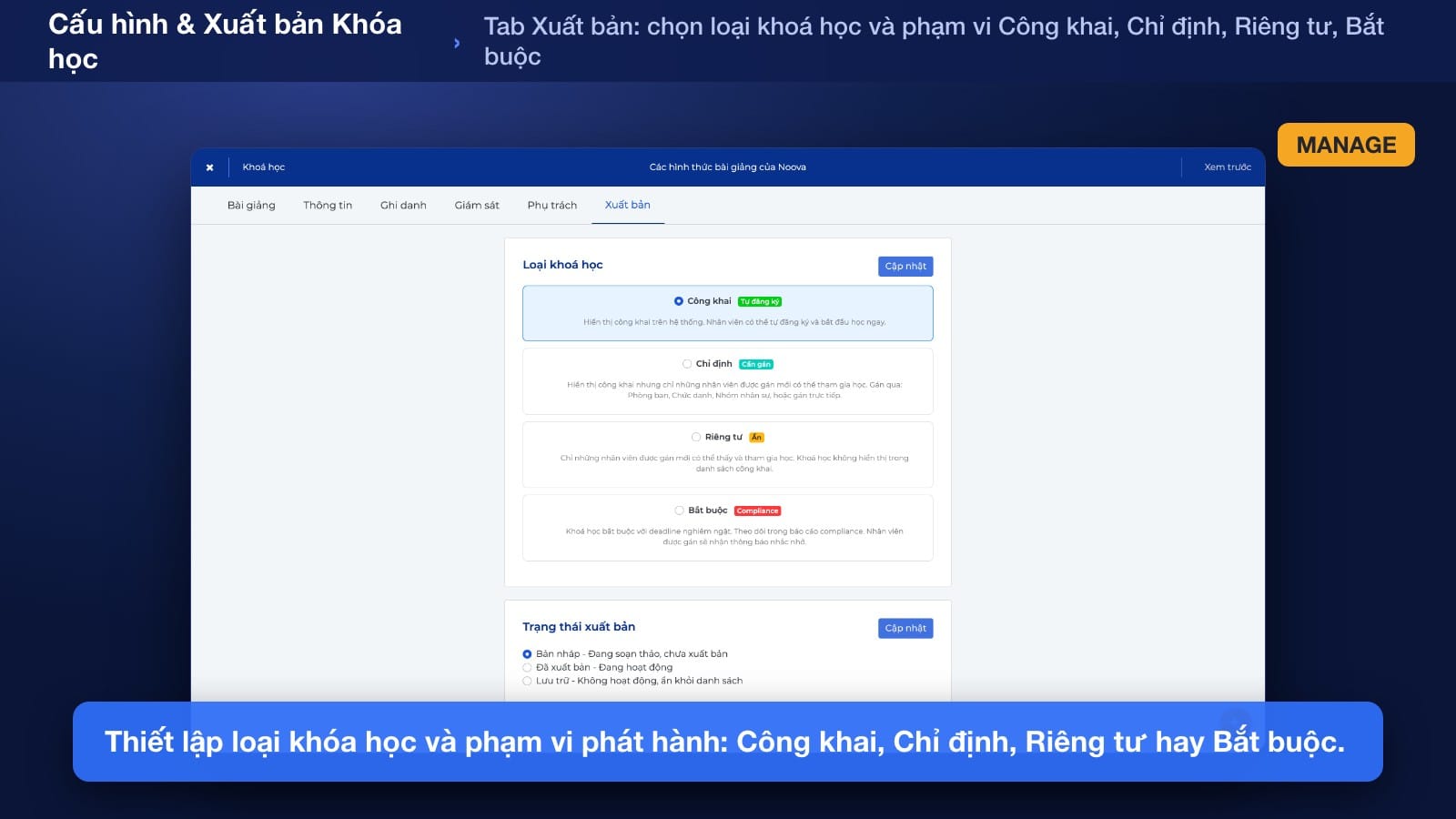 Thao tác thêm bài học mới, mở menu chọn loại bài gồm văn bản, video, tài liệu, quiz, để áp đúng loại cho từng bài microlearning trên Noova trên Noova