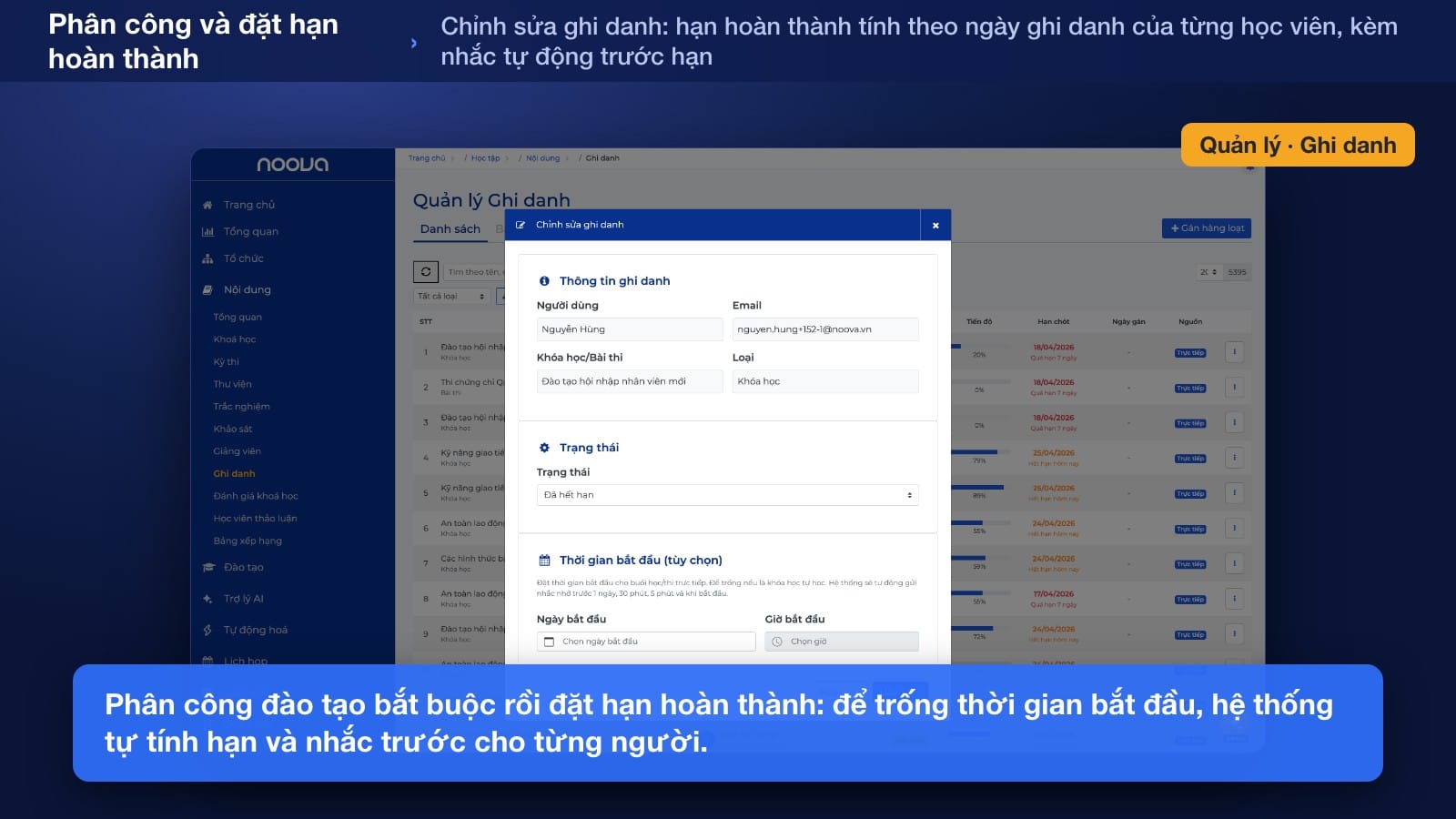 Hồ sơ chứng chỉ của một người học qua các lần gia hạn, hiển thị mã, ngày cấp, ngày hết hạn và trạng thái từng tấm trên Noova