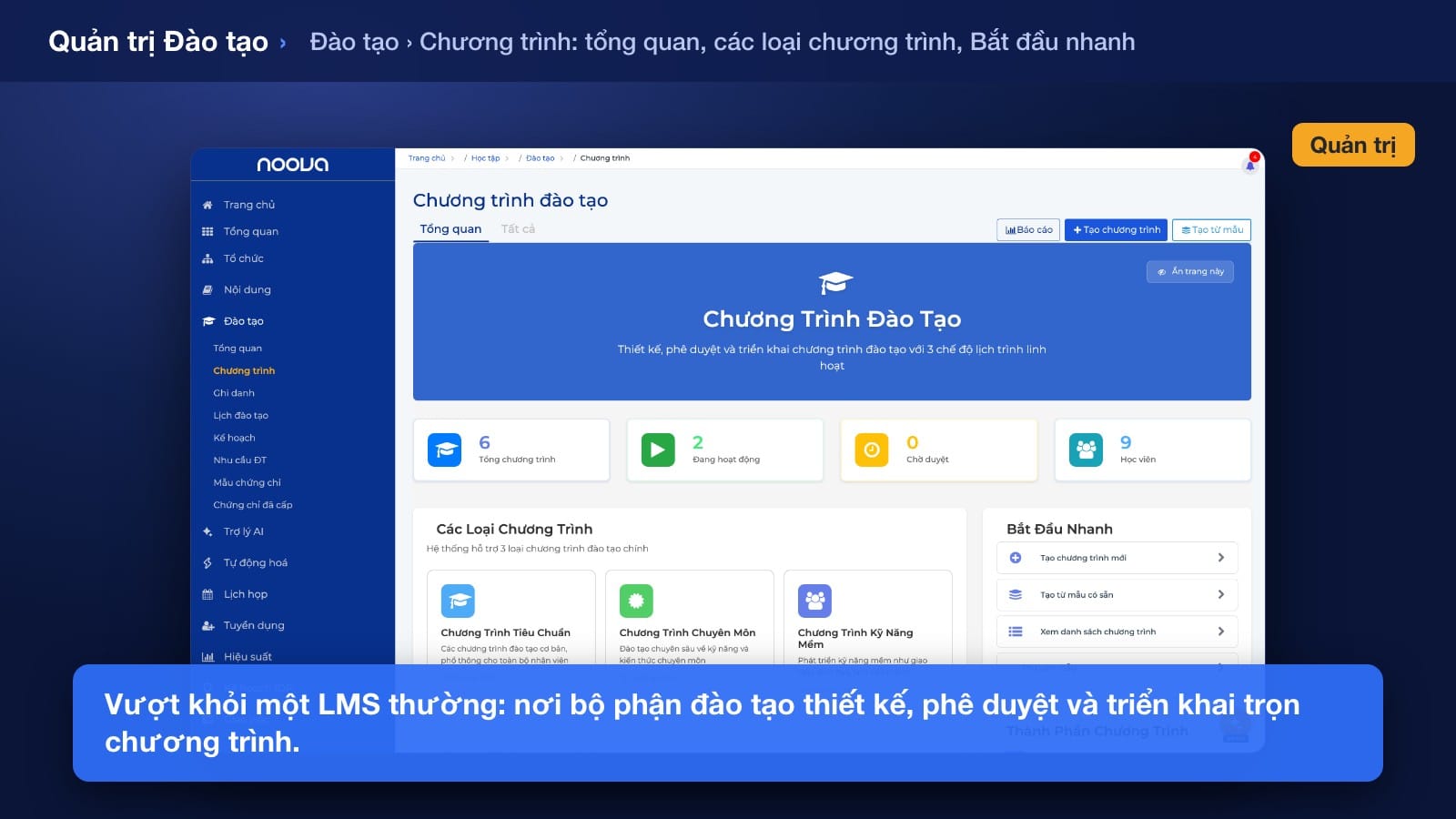 Màn hình giao đào tạo chọn đối tượng nhận theo cửa hàng hoặc vùng, có đặt hạn hoàn thành và trạng thái nhắc nhở trên Noova