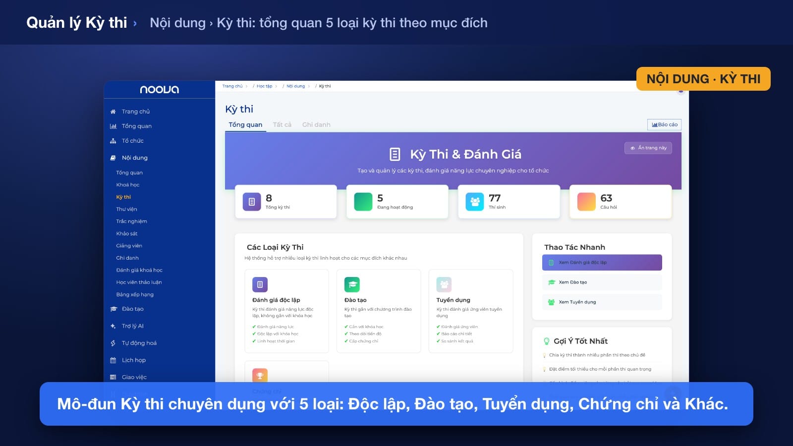 Cấu hình kỳ thi online với ngân hàng câu hỏi, trộn đề ngẫu nhiên và các tùy chọn chống gian lận trên Noova