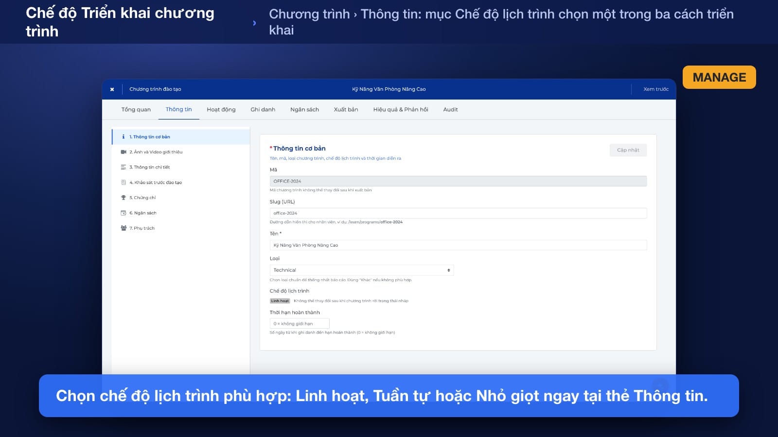 Màn hình tạo buổi đào tạo trực tiếp, thấy các trường ngày giờ, hình thức offline hoặc online, chọn giảng viên, địa điểm hoặc link, và sức chứa tối đa trên Noova