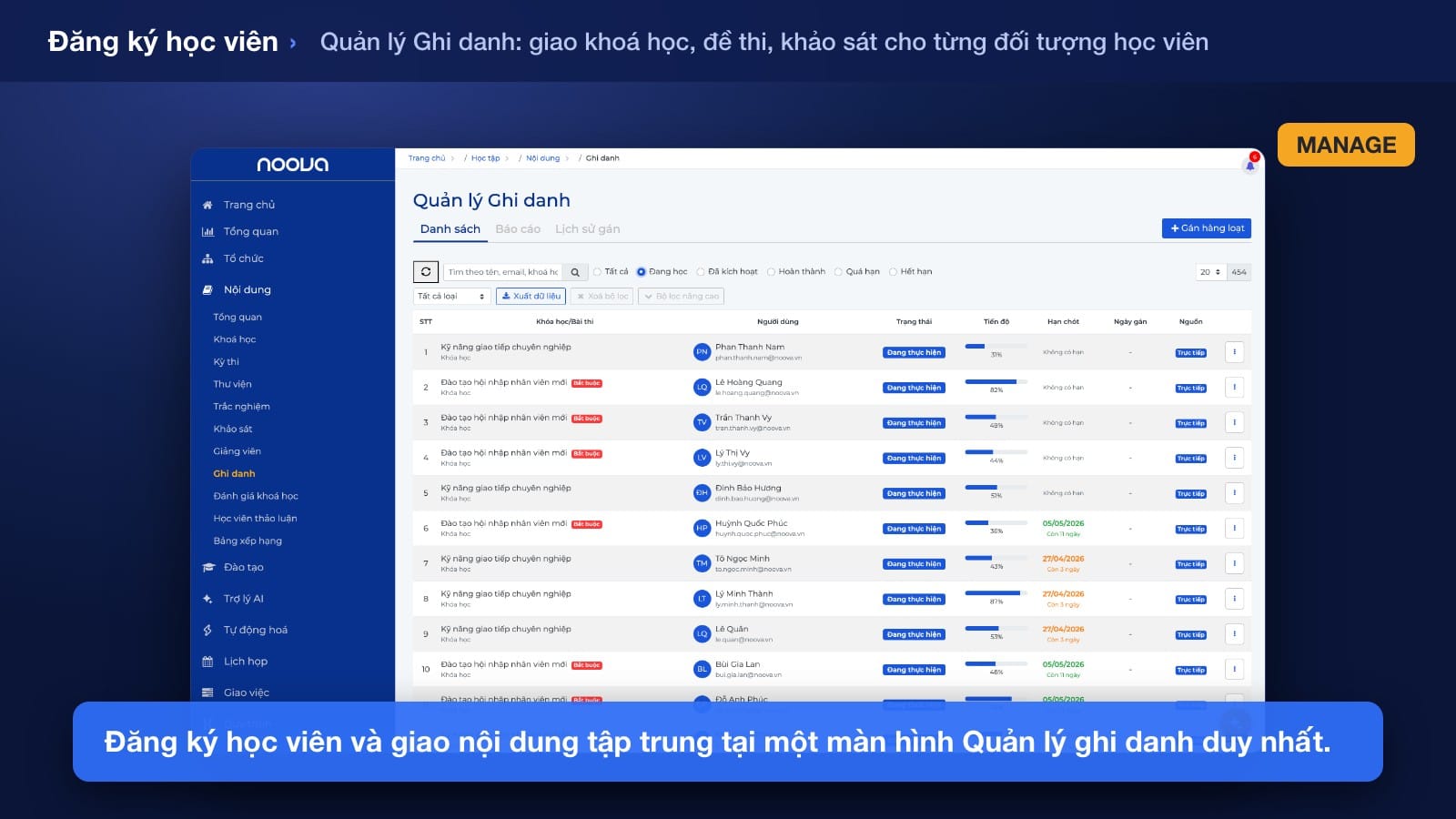 Danh sách học viên của một buổi đào tạo với trạng thái điểm danh từng người (có mặt, vắng, đến muộn) và nút điểm danh nhanh trên Noova