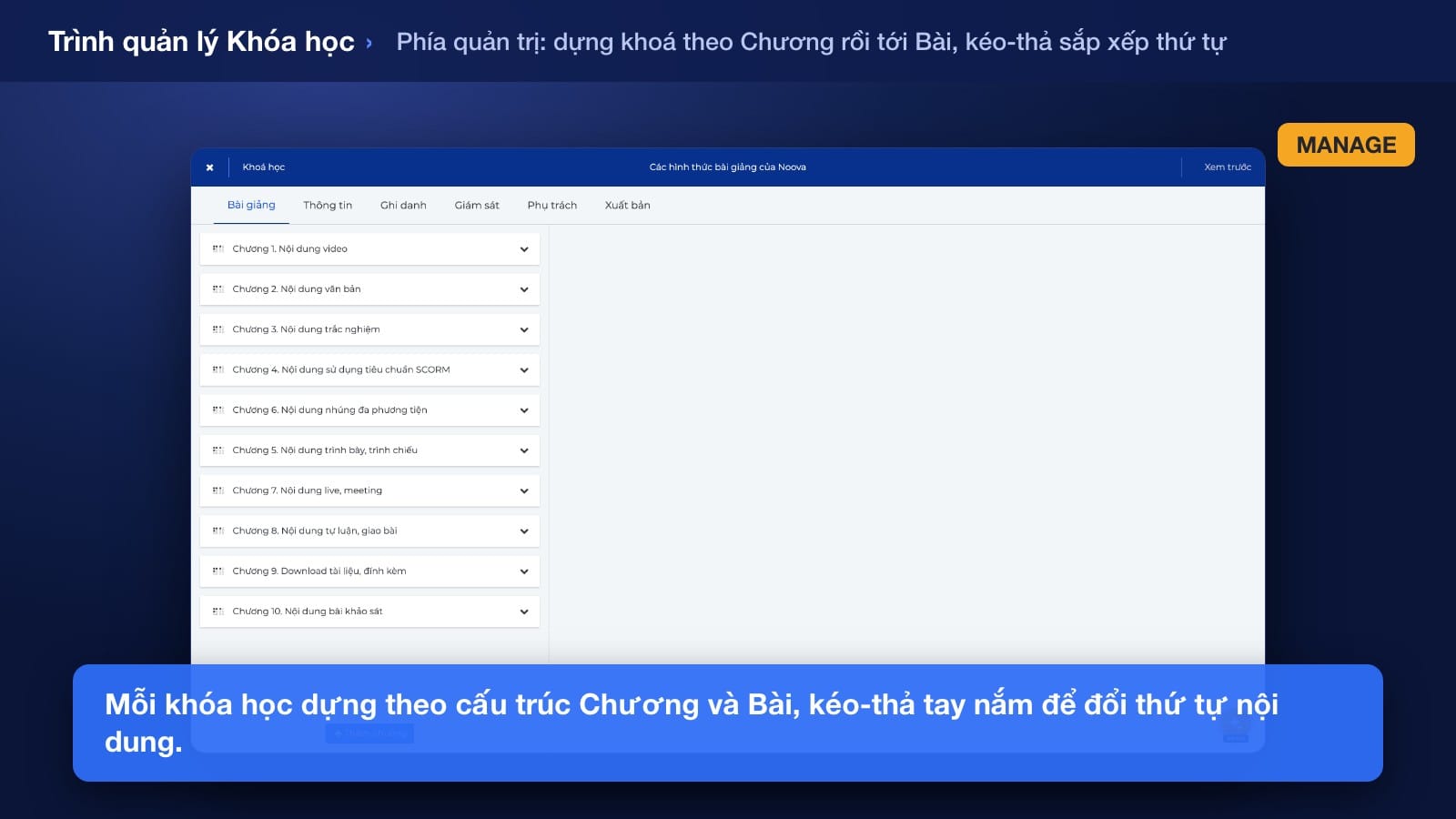 màn hình tạo khóa học, kéo thả tài liệu và bài kiểm tra thành các bước học có thứ tự trên Noova