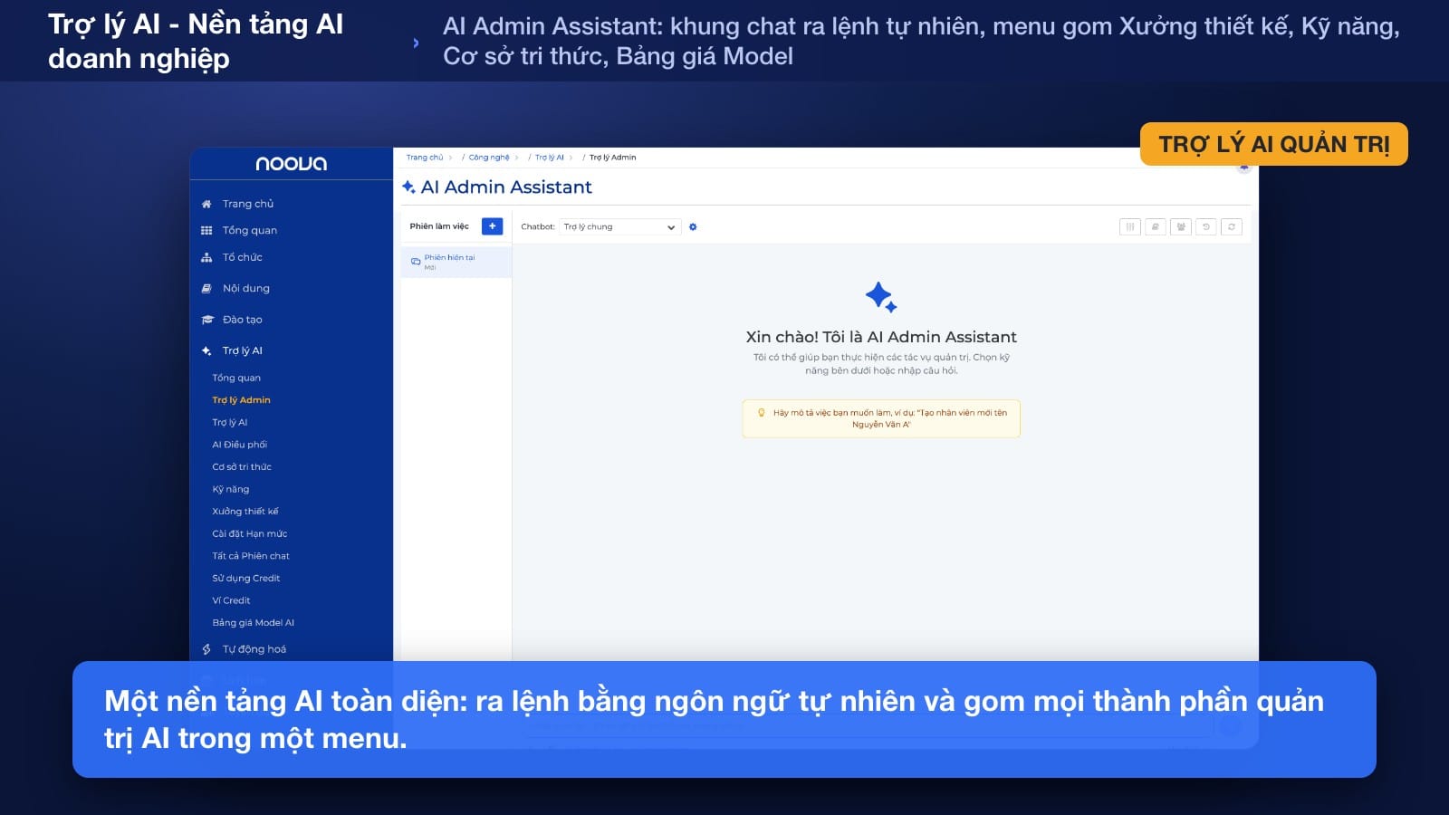 giao diện hỏi đáp với trợ lý AI, câu trả lời kèm trích dẫn tài liệu nguồn nội bộ trên Noova