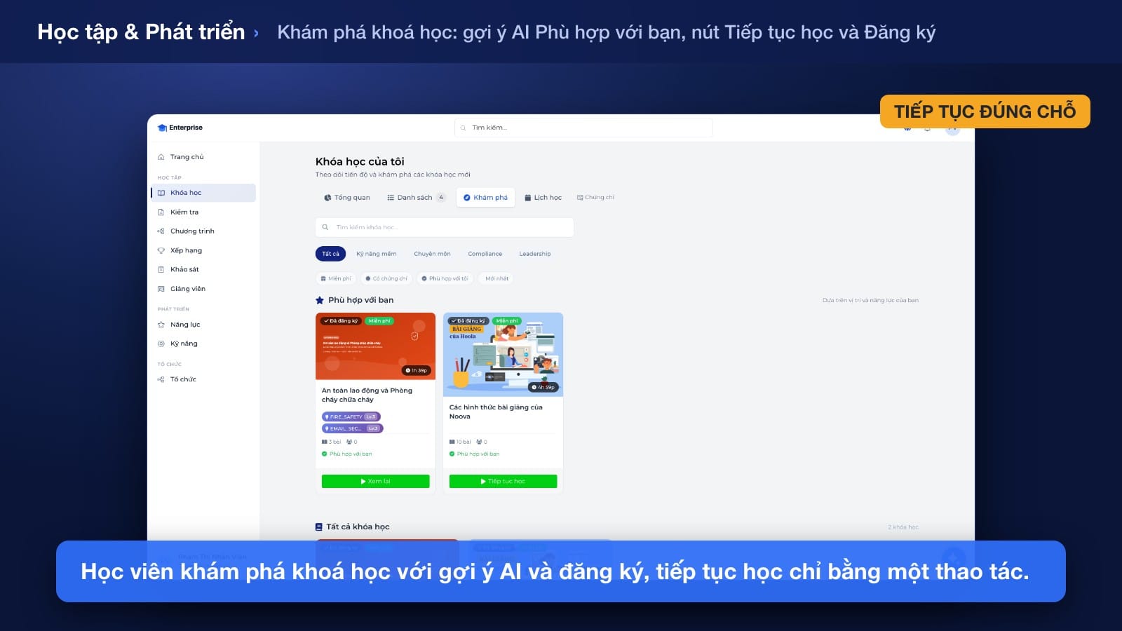 Màn hình tổng quan đào tạo với các chỉ số tỷ lệ hoàn thành, số người học và tiến độ theo khóa trên Noova