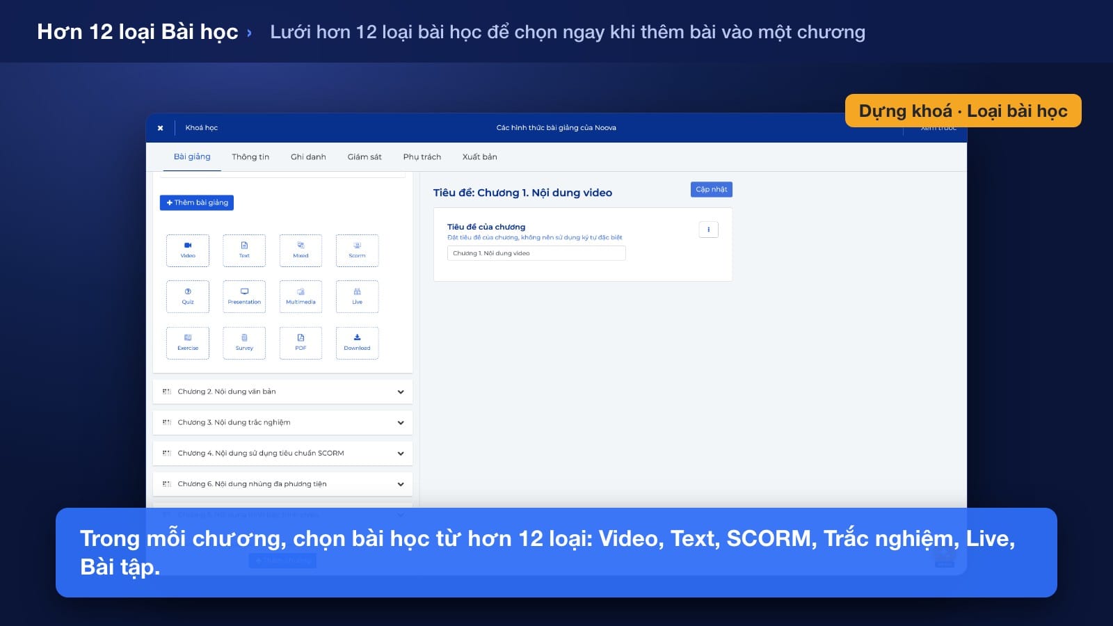 Dòng thời gian video bài giảng với các điểm checkpoint được đánh dấu, đang soạn nội dung một câu hỏi và đặt giới hạn thời gian trên Noova